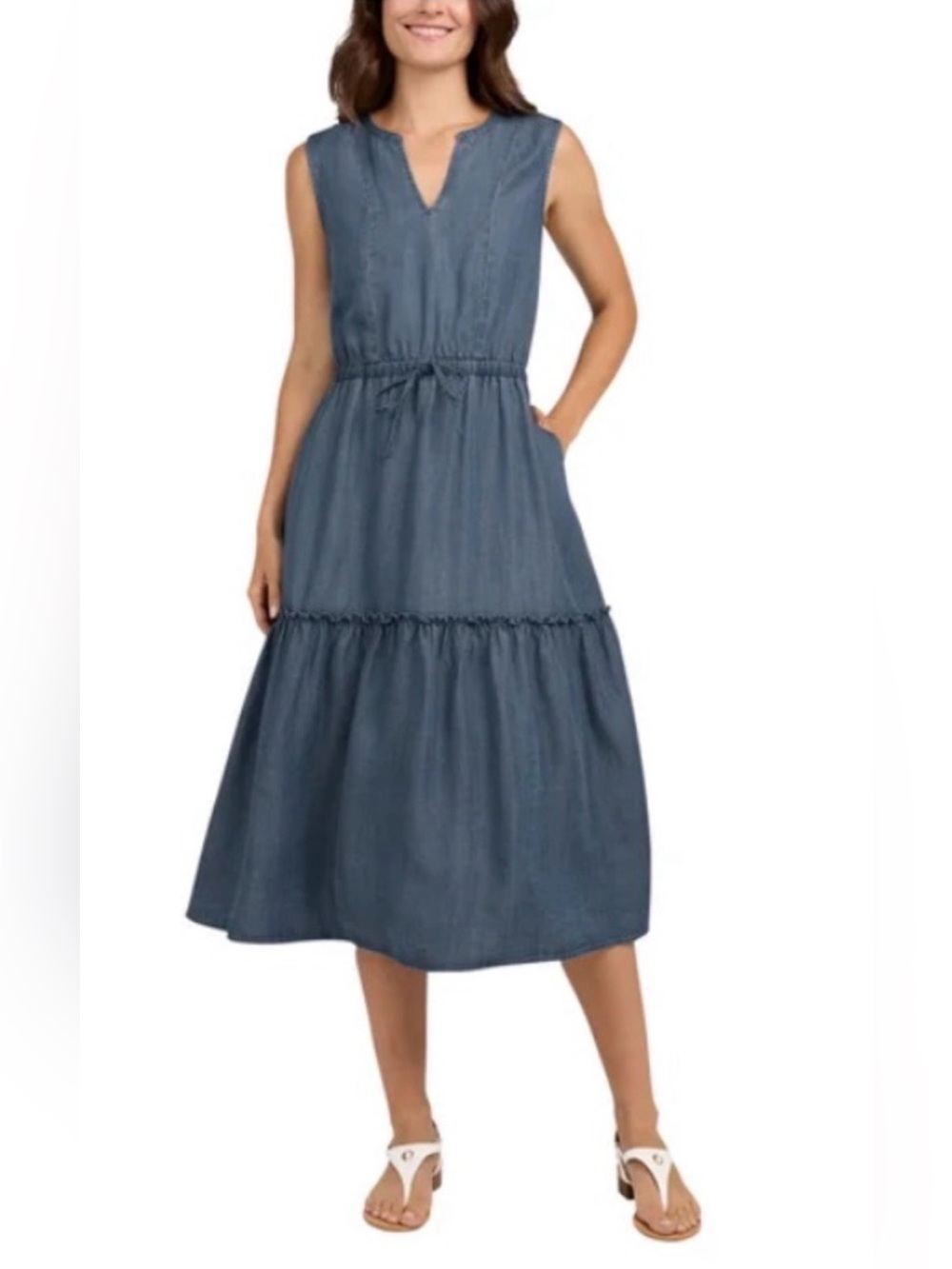 Lands End Sleeveless Blue V-Neck Denim Midi Dress with Drawstring Waist- Size S